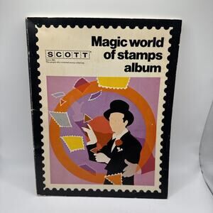 Vintage Scott Magic World of Stamps Stamp Book Album 1970's with 17 Stamps